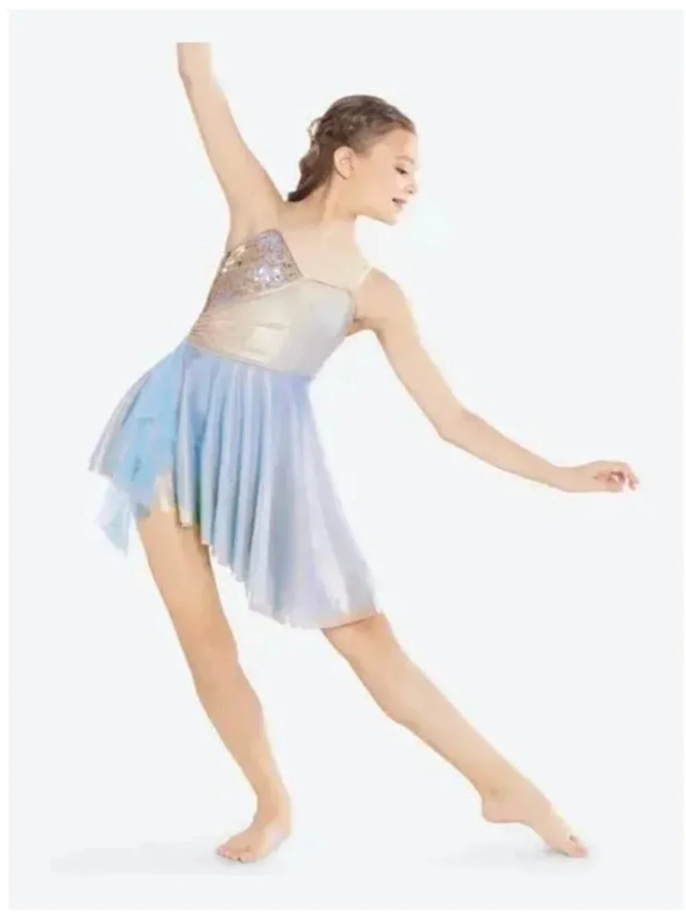 gold, champagne, and sky blue asymmetrical lyrical dance costume